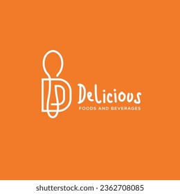 D letter with spoon line art monoline logo design concept. Good to use for food restaurant sign