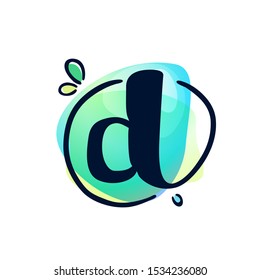 D letter stroke logo at colorful watercolor splash background. Color multiply style. Font, vector design template elements for labels, headlines, posters, cards etc.