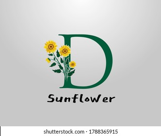 D Letra con diseño vectorial de girasol. Icono del logotipo de la Planta D de Flores. Diseño tipográfico