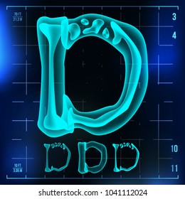 D Letter Vector. Capital Digit. Roentgen X-ray Font Light Sign. Medical Radiology Neon Scan Effect. Alphabet. 3D Blue Light Digit With Bone. Medical, Hospital, Futuristic, Horror Style. Illustration