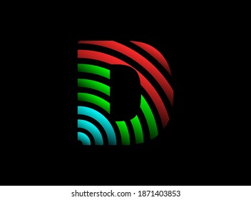 D letter vector desing, rgb color font logo. Dynamic split red, green, blue color on black background. For social media,design elements, creative poster, web template and more


