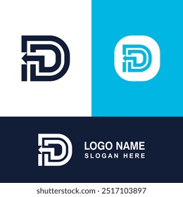 Modelo de logotipo de D com fundo branco ou preto e exemplo para aplicativo.