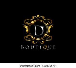 D Luxury Boutique Logo Icon,  D Letter   With Golden Shine On Classy Badge Design.  