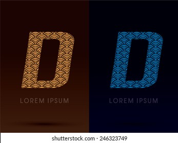 D ,Luxury font ,designed using gold and blue bold line graphic, concept shape from water, river, sea, ocean, fish scale, logo, symbol, icon, vector.