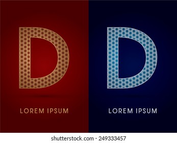 D ,Luxury font ,designed using gold and silver geometric on dark red and dark blue background, concept shape from screws, hexagon, honeycomb, jewelry,gems ,logo, symbol, icon, graphic, vector.