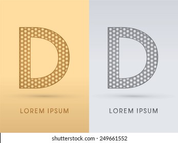 D ,Luxury  outline font ,designed using geometric on gold background, concept shape from screws, hexagon, honeycomb, jewelry, gems , logo, symbol, icon, graphic, vector.