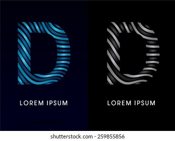 D ,modern wave  font ,designed using blue and black line on dark background, concept move, wave, water, freestyle, zebra line, fantasy ,logo, symbol, icon, graphic, vector.