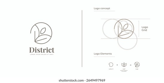 D monogram letter with leaf minimal line logo design concept. Initial letter D elegant nature symbol logo