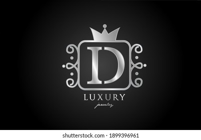 D monogram silver metal alphabet letter logo. Creative icon design with king crown for luxury business and company 