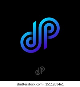 D and P letter. D P monogram consist of blue lines, like loops, isolated on a dark background. Monochrome stamp option.