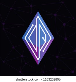 D Q Initial letter block chain logo icon vector template. Looping mono line circuit letter on rhombus cube logo