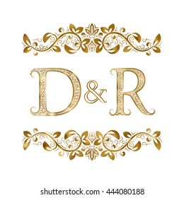 D and R vintage initials logo symbol. The letters are surrounded by ornamental elements. Wedding or business partners monogram in royal style.