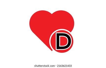 D with D red love shape. Love letter D logo vector design for valentines day sale background with heart icon.