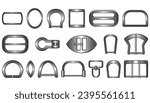 D ring and Belt buckle flat sketch vector illustration set, different types belt with Frame buckle, berg buckle and ring buckles accessories for belt, jewellery, dress fasteners and Clothing belt