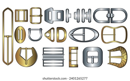 D ring and Belt buckle flat sketch vector illustration set, different types belt with Frame buckle, berg buckle and ring buckles accessories for belt, jewellery, dress fasteners and Clothing belt svg