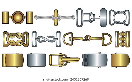 D ring and Belt buckle flat sketch vector illustration set, different types belt with Frame buckle, berg buckle and ring buckles accessories for belt, jewellery, dress fasteners and Clothing belt