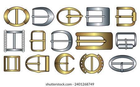 D ring and Belt buckle flat sketch vector illustration set, different types belt with Frame buckle, berg buckle and ring buckles accessories for belt, jewellery, dress fasteners and Clothing belt svg