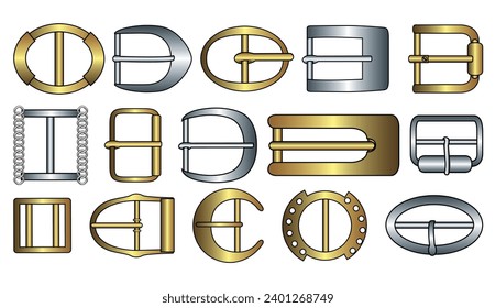 D ring and Belt buckle flat sketch vector illustration set, different types belt with Frame buckle, berg buckle and ring buckles accessories for belt, jewellery, dress fasteners and Clothing belt