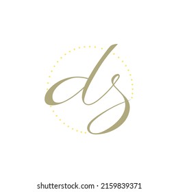 d y sus iniciales. dos letras cursivas en círculo punteado. logotipo comercial. monograma simple. elemento de diseño de identidad de marca. signo manuscrito. plantilla vectorial. imagen gris y amarilla. logotipo de ronda de texto