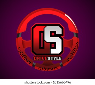 D S red and white logo design with model sport steering wheel  