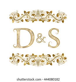 D and S vintage initials logo symbol. The letters are surrounded by ornamental elements. Wedding or business partners monogram in royal style.