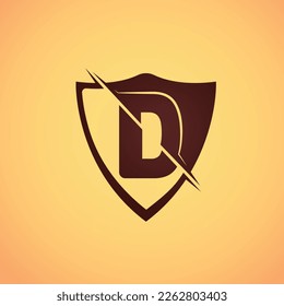 D shaped logo in a shield. Vector of letter D slashed or cut in half gives vibe of a gaming logo best for streamers but tech company also use it as their symbol of strong defense.