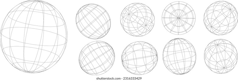 Redes de esferas D. Mallas de globo, bola en varias posiciones. Órganos tridimensionales rayados, símbolo de línea vectorial lineal de malla terrestre conjunto aislado