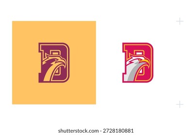 Logotipo de D Sports con diseño de águila inspirado en las universidades estadounidenses para Equipos y ligas. Aislado sobre fondo blanco.