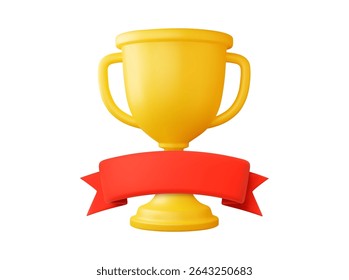 D Trophy cup with ribbon, First places winning prizes on ceremony cartoon style, winning cup symbol icon. 3d rendering. Vector illustration