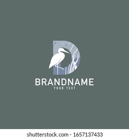 "D" Typographic Vector Icon Illustration. Heron Logo