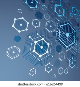 d vector Bauhaus abstract blue background made with grid and overlapping simple geometric elements, hexagons and lines. Retro style artwork, graphic template for advertising poster.