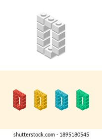 D vector letter with colourful plastic toy brick, isolated isometric 3d childish block font. Perfect for kids labels, birthday and kindergarten posters, school style, children magazines etc.