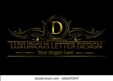 D vintage golden letter. Luxury monogram crest template design vector illustration for logo, brand name, label, cover, invitation, hotel, boutique, shop, company, gold business, jewelry or web page.