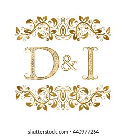 D and I vintage initials logo symbol. The letters are surrounded by ornamental elements. Wedding or business partners monogram in royal style.