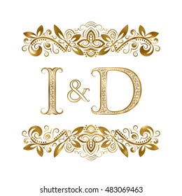 I and D vintage initials logo symbol. The letters are surrounded by ornamental elements. Wedding or business partners monogram in royal style.