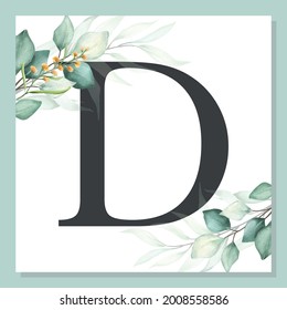 D - Watercolor delicate alphabet with green leaf.