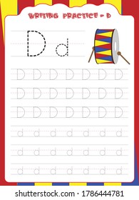 D writing practice for kids. Cartoon Illustration of drum. Preschool educational alphabet writing practice for kids. Writing book pages for kids. Uppercase and lowercase alphabet writing practice.