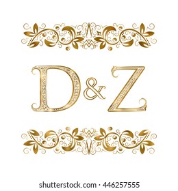 D and Z vintage initials logo symbol. The letters are surrounded by ornamental elements. Wedding or business partners monogram in royal style.