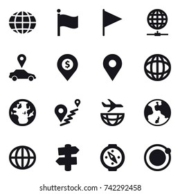 d16 vector icon set : globe, flag, globe connect, car pointer, dollar pin, earth, signpost, compass