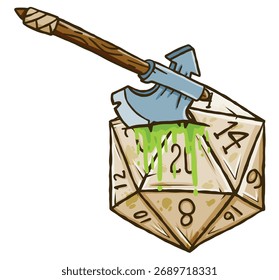 Dados D20 con arte de fantasía de hacha de batalla. Perfecto para batallas DND y escenas de juegos de mesa. Signo de derrota. Aventura arma mágica