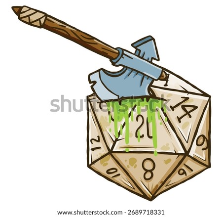 D20 dice with battle axe fantasy art. Perfect for DND battles and tabletop gaming scenes. Defeat sign. Adventure magic weapon