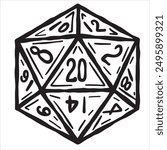 D20 dice for board game. Fantasy tabletop icosahedron illustration in retro style