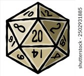 D20 dice for board game. Fantasy tabletop icosahedron illustration in retro style