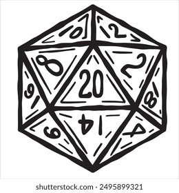 D20 dice for board game. Fantasy tabletop icosahedron illustration in retro style