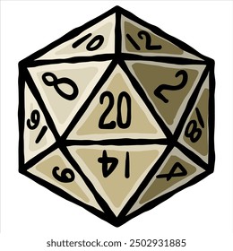 D20 dice for board game. Fantasy tabletop icosahedron illustration in retro style