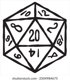 D20 dice for board game. Fantasy tabletop icosahedron illustration in retro style