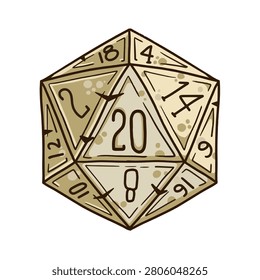 D20 dice colored, twenty sided polyhedral game dice beige tan. Tabletop rpg board game gambling luck chance random number generator.  