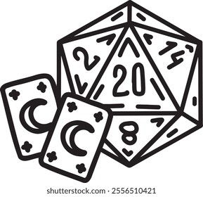 D20 dice for dnd board game. Fantasy tabletop icosahedron illustration in retro style