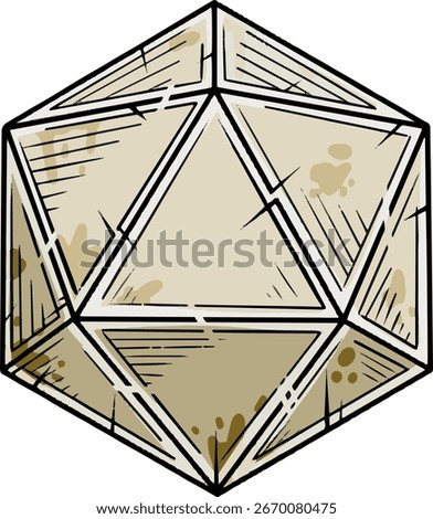 D20 dice sketch for DND roleplay. Black and white icosahedron for gaming fun. Wargame sticker symbol