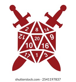 D20 dice with sword. D20 dice for board game. d20. Dice d20 for playing Dnd. Dungeon and dragons board game. game dice. gamer, board game,  retro, vector, illustration